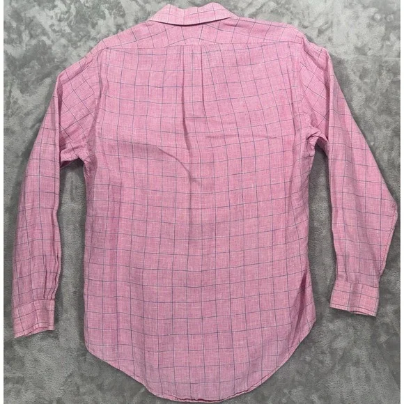 Lands End Baird McNutt Shirt Mens 15 1/2 33 Pink Irish Linen WindowPane Plaid - Picture 2 of 15